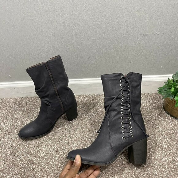 Bernardo Womens Boots Size 6.5 M Dark Gray Leather Zip Side Lace Up Mid Calf - Picture 1 of 9